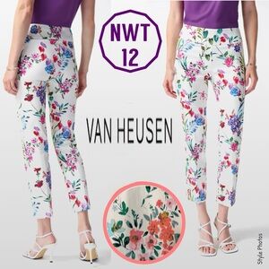 Van Heusen White Stretch Floral Pull-On Crop Pants (12)